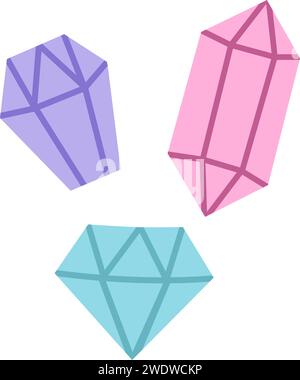 Vector flat style crystals. Unicorn treasures concept. Pink, blue, purple diamond icons. Magic or fairytale precious stone decoration for cards isolat Stock Vector