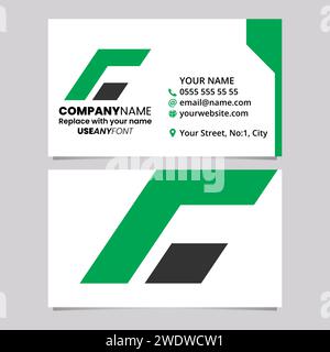 Green and Black Business Card Template with Rectangular Italic Letter C Logo Icon Over a Light Grey Background Stock Vector