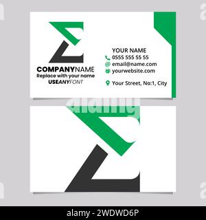 Green and Black Business Card Template with Sharp Letter E Logo Icon Over a Light Grey Background Stock Vector