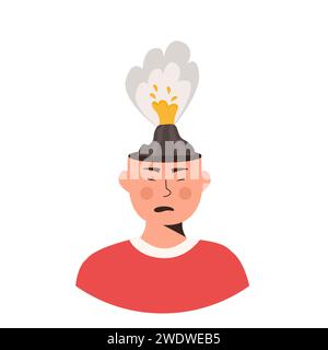 Male character with head explosion vector flat illustration. Man or woman feeling stress at work. Mind blowing pressure. Emotional expression. Not han Stock Vector