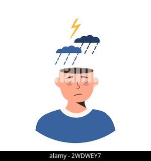Man in depression concept. Sad and depressed guy under storm cloud, rain and thunderstorm. Upset negative thinking, mental state of mind. Psychologica Stock Vector