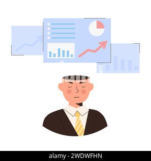 Person making strategy plan in head. Character thinking, planning, solving business problems in mind. Manager working with big data, analyzing and aud Stock Vector
