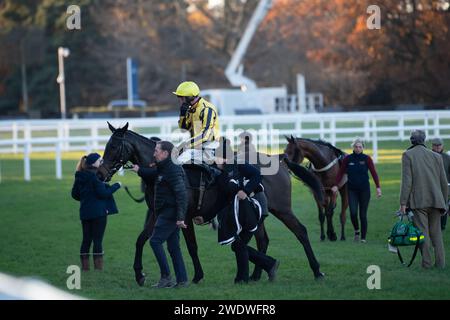 Ascot, UK. 24th November, 2023. Horse Planned Paradise ridden by jockey Jack Tudor returns after riding in the All Seasons Scaffolding Handicap Steeple Chase at Ascot Racecourse at the November Racing Friday Meeting. Credit: Maureen McLean/Alamy Stock Photo