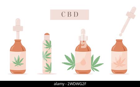 Vector Set of CBD oil bottles. Remedy for stress, anxiety, pain. Hemp extracted Roller. Collection of alternative medicine for relaxation. Cannabis pl Stock Vector