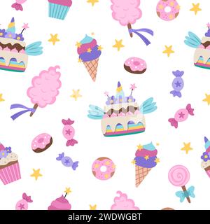 Vector seamless pattern with sweets. Cute rainbow, unicorn themed repeat background with cake, ice cream, lollypop, cotton candy, donuts, cupcakes. Ma Stock Vector