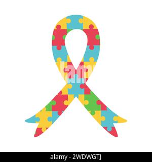 Ribbon with colorful puzzle pieces pattern. International Autism Awareness Day. Jigsaw mosaic as symbol of Autistic people. Vector flat icon isolated Stock Vector