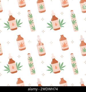 CBD oil seamless pattern in pastel colors. Hemp oil bottle with dropper, roller and green cannabis leaves vector background. Natural remedy, marijuana Stock Vector