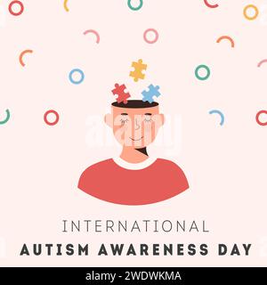 International Autism Awareness Day Card. Smiling person face with colourful puzzle pieces in head. Psychological concept of Autistic children. Social Stock Vector