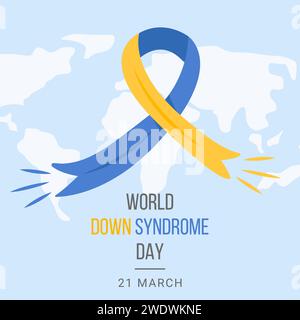 World Down Syndrome Day Web Banner, Poster or Card. Blue and Yellow Ribbon and World Map on background. Symbol of genetic illness. Extra chromosome. V Stock Vector