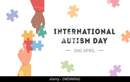 International Autism Awareness Day Banner. Caucasian and african hand playing with colourful puzzle pieces. Psychological concept of Autistic children Stock Vector