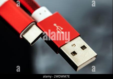 Red connectors usb and usb type C for smartphones and gadgets closeup. Plug micro cable for mobile devices in macro view Stock Photo