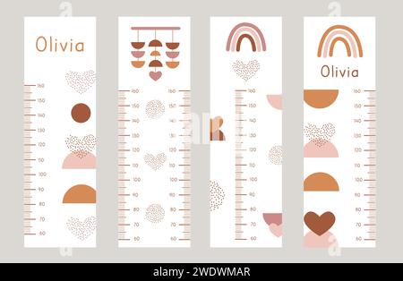 Vector Set of kids height charts with abstract boho shapes in terracotta colors. Meter wall with trendy flat art design. Children growth chart for gir Stock Vector
