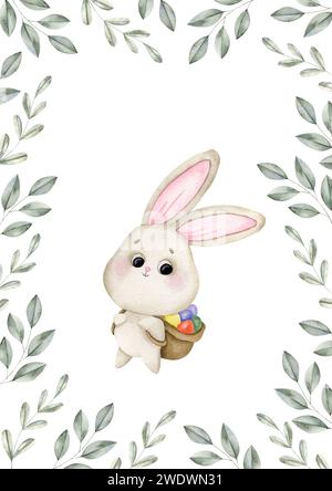 Hand-drawn watercolor illustration with easter bunny. Composition for decoration and design souvenirs, posters, postcards, prints Stock Photo