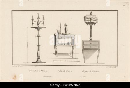 Girandole, bedside table and music stand, the Saint -Morien, After Richard de Lalonde, 1784 - 1785 print On the left a three -armed girandole on a high standard. In the middle a bedside table with two drawers and a shelf, with a jug, candlestick, books and a bowl. On the right a music standard on a chest of drawers with two drawers. Paris paper etching chandelier, candelabrum. table. accessories  music: metronome, music-stand, tuning-fork, etc. Stock Photo
