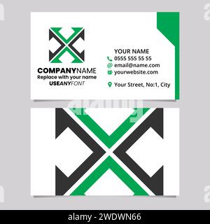 Green and Black Business Card Template with Arrow Square Shaped Letter X Logo Icon Over a Light Grey Background Stock Vector
