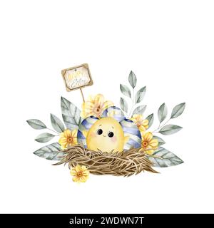 Hand-drawn watercolor illustration with easter chicken, nest, eggs and flowers. Composition for decoration and design souvenirs, posters, postcards, p Stock Photo