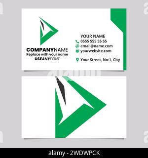 Green and Black Business Card Template with Spiky Triangular Letter D Logo Icon Over a Light Grey Background Stock Vector
