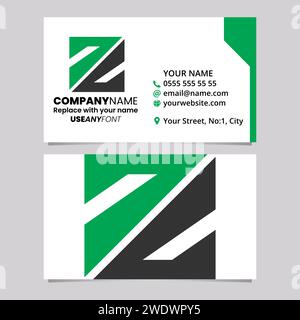 Green and Black Business Card Template with Triangular Square Shaped Letter Z Logo Icon Over a Light Grey Background Stock Vector