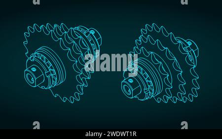 Stylized vector illustration of isometric blueprint of chain sprocket transmission Stock Vector