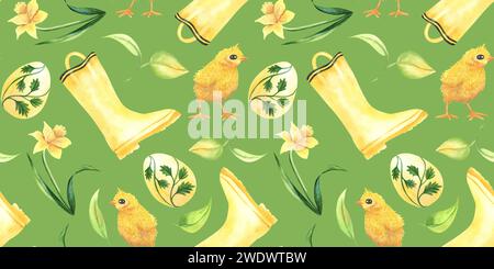 Watercolor seamless pattern with cute yellow chickens and , eggs, leaves, rubber boots, narcissus flowers. Easter background with farm birds. Spring d Stock Photo