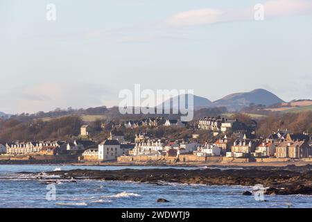 East and West Lomand Hill above the coastal village of Lower Largo in Fife Scotland Stock Photo