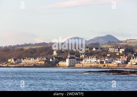 East and West Lomand Hill above the coastal village of Lower Largo in Fife Scotland Stock Photo