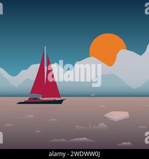 Ship in sunset floating on a sea ice Stock Vector