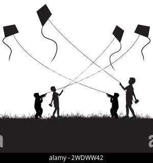This captivating vector celebrates Makar Sankranti with silhouettes of children immersed in the thrill of kite-flying. The contrasting black and white Stock Vector