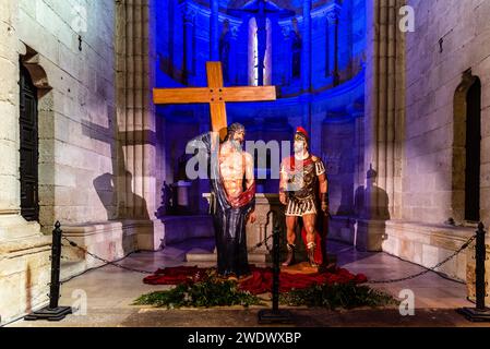 Zamora, Spain - April 7, 2023: Interior view of the Church of Santa Maria Magdalena during Holy Week with a sculpture for penance processions Stock Photo