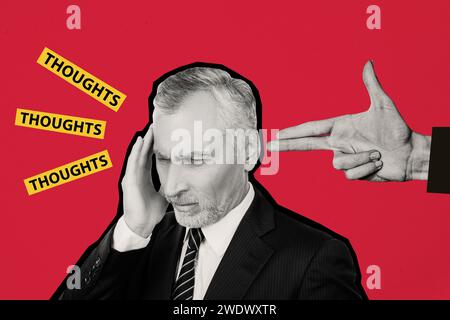 Creative composite photo collage of fingers pointing mature man wear formalwear generate business ideas isolated on red color background Stock Photo