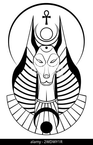 Portrait of Ancient Egyptian god Anubis. Deity with canine head. God of death logo tattoo. Ancient Egyptian God in black and white style vector Stock Vector