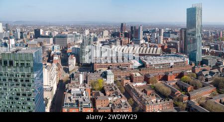 Wide panoramic aerial image of One Spinningfields, St Jon's area, Beetham Tower, AXIS, Great Northern Warehouse, Manchester Central & the city centre Stock Photo