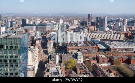 Wide panoramic aerial image looking up Quay St of One Spinningfields, St John's area, Great Northern Warehouse, Manchester Central & the city centre Stock Photo