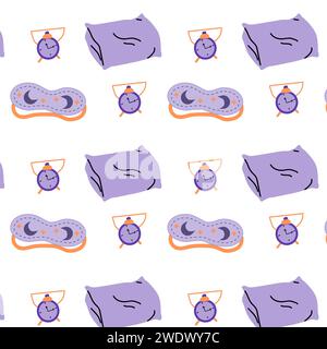 cartoon pillow, alarm and sleeping mask vector background. Vector illustration isolated. Suitable for textile, wrapping paper, poster.  Stock Vector