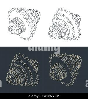 Stylized vector illustrations of isometric blueprints of chain sprocket transmission Stock Vector
