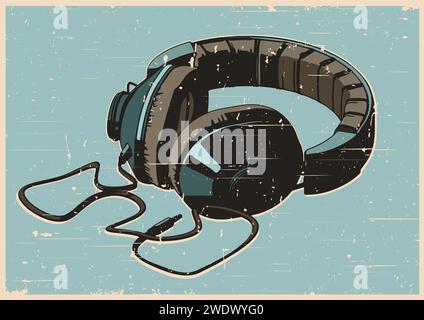 Stylized vector illustration of vintage studio monitor headphones in retro poster style Stock Vector