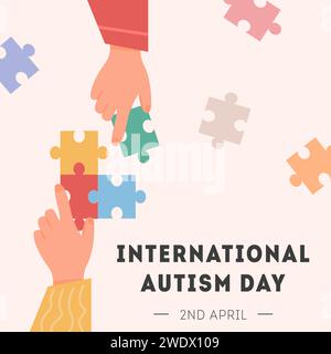 International Autism Awareness Day Card. Caucasian and african hand holding colourful puzzle pieces. Psychological concept of Autistic children. Socia Stock Vector