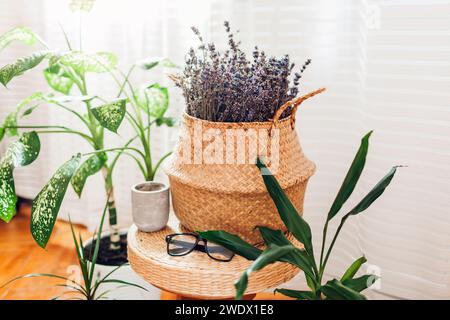 Contemporary boho house decor. Wicker basket filled with fragrant lavender bundle on table. Cozy interior in ethnic eco style with natural materials a Stock Photo
