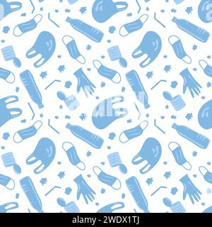 Vector Covid Coronavirus Waste Seamless Pattern. Plastic pollution on white background. Environmental issue or ecology problem of marine rubbish, late Stock Vector