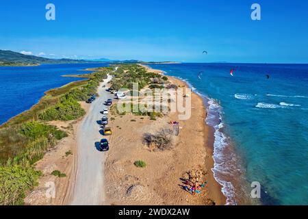 Aerial view of Halikounas beach (right next to lake Korission) a kitesurfers' 'paradise' in Corfu island, Ionian sea, Greece. Stock Photo