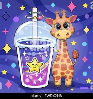 A cute cartoon giraffe is holding a big drink. Night vector illustration of an animal on a dark blue background with stars. Stock Vector