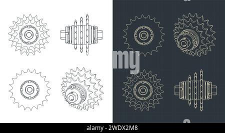 Stylized vector illustrations of blueprints of chain sprocket transmission Stock Vector