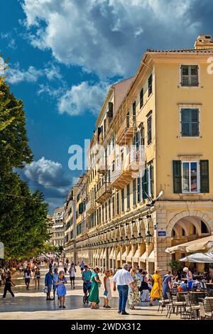 The famous esplanade of the old town of Corfu, called Liston, next to Spinada square. Corfu island, Ionian sea, Greece. Stock Photo