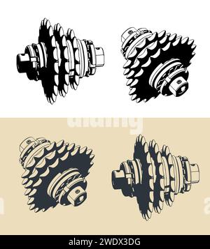 Stylized vector illustrations of chain sprocket transmission Stock Vector