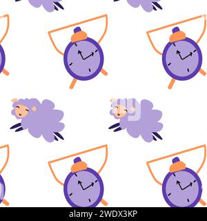 cartoon sheep and clock vector background. Vector illustration isolated. Good night seamless pattern.  Stock Vector