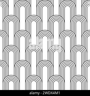 Arc seamless pattern. Repeating circle arch. Black art deco isolated on white background. Repeated geometric design for prints. Rainbow circular shape Stock Vector