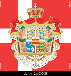 Frederik X King of Denmark 2024, coat of arms on the Danish flag, vector illustration Stock Vector