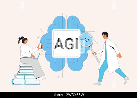 Artificial general intelligence research. engineers and developer neuron network and technology AGI brain. Machine learning process. Computer science. Stock Vector