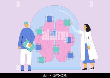 Artificial intelligence research. Engineer and developer experts learning neuron network and technology AGI brain. Computer science new solution for s Stock Vector