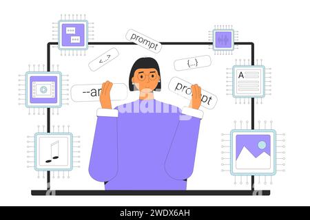 Prompt engineering. Crafting precise instructions or queries that guide AI models to generate text, visual, audio and video content. Artificial intell Stock Vector